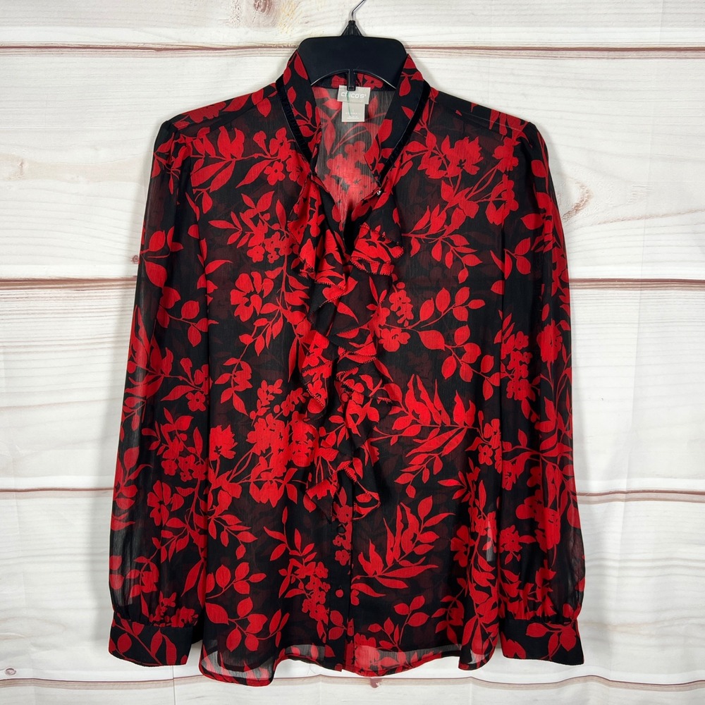 Chicos Ruffle Front Blouse Women 1 M Red Black Floral Sheer Long Sleeve V-Neck
